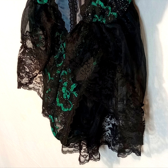 Vintage Nani Flower 80's Nylon lace teddy bodysuit size small green black floral - Picture 4 of 8